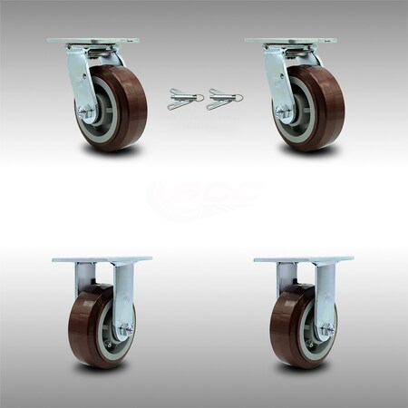 Service Caster 5 Inch SS Polyurethane Caster Set with Roller Bearings 2 Swivel Lock 2 Rigid SCC SCC-SS30S520-PPUR-BSL-2-R-2